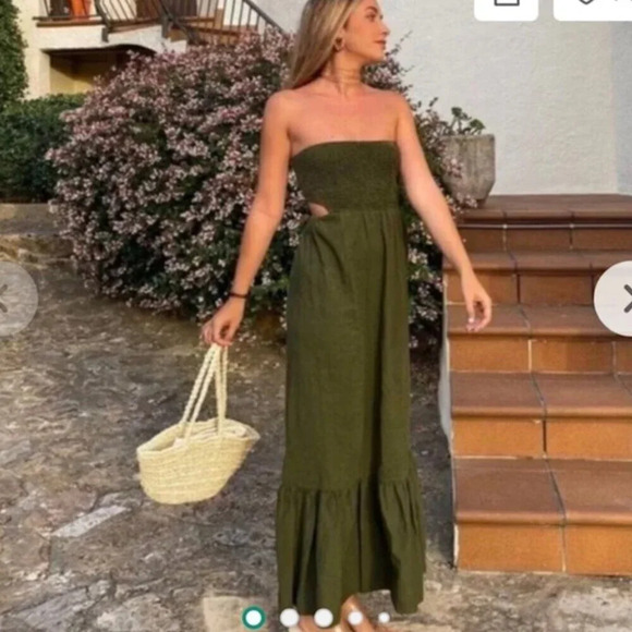 Zara Linen Blend Strapless Smocked Tiered Maxi Dress NWT Olive Green Size M - Picture 3 of 9